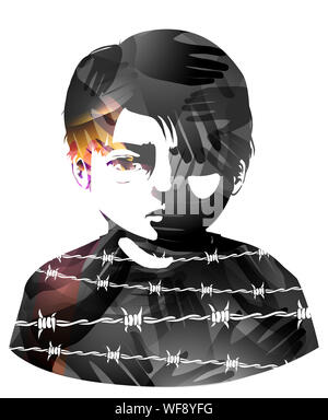 Illustration of a Sad and Distressed Kid Boy with Hand Prints All Over Him and Barbed Wire Prints. Struggles. eps10 Stock Photo