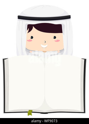 Illustration of a Kid Boy Student In Traditional Arab Thawb and Headdress and Holding an Open Book Stock Photo