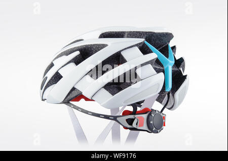 White bicycle helmet isolated on white background. Side view of bicycle helmet Stock Photo