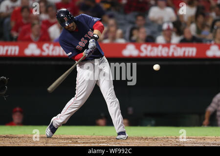 August 30, 2019: Boston Red Sox left fielder J.D. Martinez (28) homers during the game between the Boston Red Sox and the Los Angeles Angels of Anaheim at Angel Stadium in Anaheim, CA, (Photo by Peter Joneleit, Cal Sport Media) Stock Photo