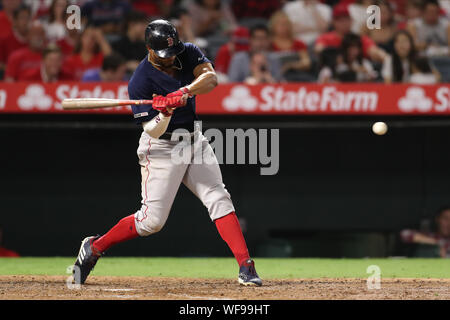 August 30, 2019: Boston Red Sox shortstop Xander Bogaerts (2) singles during the game between the Boston Red Sox and the Los Angeles Angels of Anaheim at Angel Stadium in Anaheim, CA, (Photo by Peter Joneleit, Cal Sport Media) Stock Photo