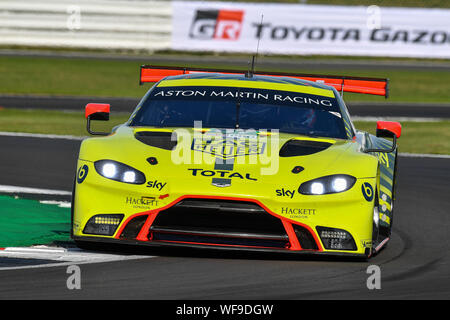 TOWCESTER, UNITED KINGDOM. 30th Aug, 2019. ASTON MARTIN RACING GBR) - Aston Martin Vantage AMR: Alexander Lynn (GBR) / Maxime Martin (BEL) during Free Practice 2 of FIA World Endurance Championship with 4 hours Silverstone at Silverstone Circuit on Friday, August 30, 2019 in TOWCESTER, ENGLAND. Credit: Taka G Wu/Alamy Live News Stock Photo