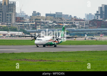 TAIPEI, TAIWAN - MAY 19, 2019: UNI Air ATR-72-600 taxing at the Taipei Songshan Airport in Taipei, Taiwan. Stock Photo