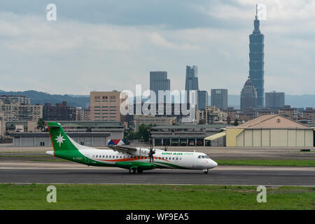 TAIPEI, TAIWAN - MAY 19, 2019: UNI Air ATR-72-600 taxing at the Taipei Songshan Airport in Taipei, Taiwan. Stock Photo