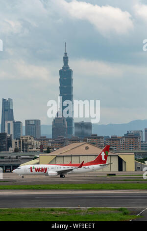 TAIPEI, TAIWAN - MAY 19, 2019: T'Way Airlines Boeing 737-800 taxing at the Taipei Songshan Airport in Taipei, Taiwan. Stock Photo