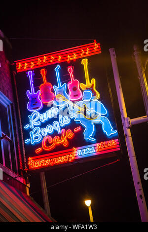 Illuminated neon signs advertise Rum Boogie Cafe music club on Beale Street, Memphis, Tennessee, United States Stock Photo