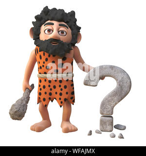 3d bearded cartoon caveman character has carved a question mark symbol in rock, 3d illustration render Stock Photo