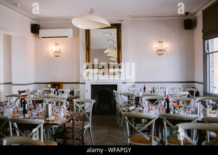 London Pub function room set up for a wedding reception Stock Photo