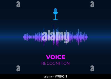 Personal sound assistant and voice recognition system concept. Microphone button with bright gradient equalizer wave. Soundwave intelligent smart ai technologies flat vector illustration Stock Vector