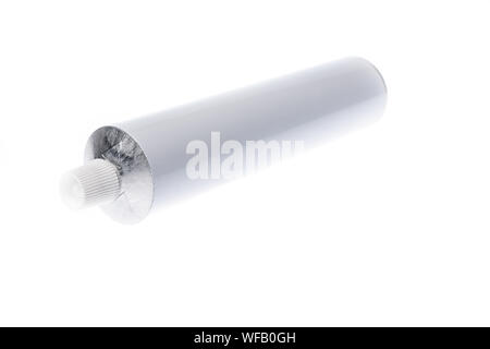 Close up of aluminum tube isolated on white background. Cosmetic or medicine gel. Stock Photo