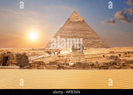 Wonderful view on the Sphinx and the Pyramid of Chephren in Egypt. Stock Photo