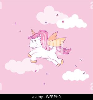 A cute winged unicorn, with pink and purple mane, flying against a pale pink background. EPS10 vector format Stock Vector