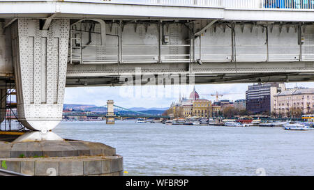 Budapest Hungary 03 16 2019 the Parliament and the Chain Bridge photographed from below the Elizabeth Bridge Stock Photo