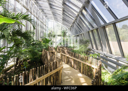 Paris green architecture - a greenhouse surrounding the tennis stadium Simon Mathieu, situated in the Jardin des Serres d'Auteuil botanical garden. Stock Photo