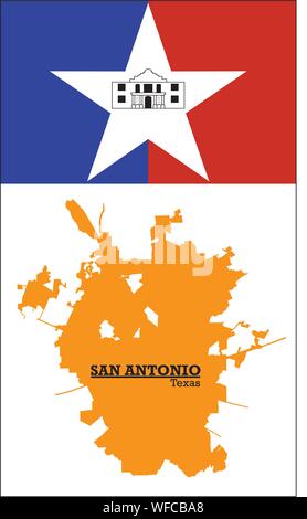 orange silhouette map of San Antonio with flag Stock Vector