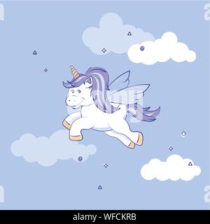 A cute winged unicorn, with blue and mauve mane, flying against a pale blue background. EPS10 vector format Stock Vector