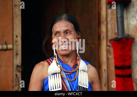 Portrait of a Rengma Tribes lady at Hornbill Festival, Nagaland, India Stock Photo