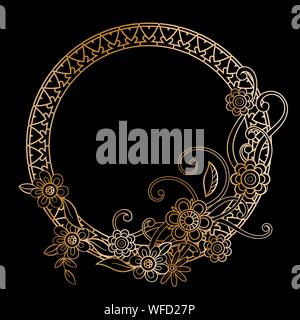 Golden floral frame template. Flowers and plants round frame. Design element with space for your text. Vector illustration. Stock Vector