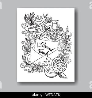 Rosh hashanah - Jewish New Year coloring page with apple and pomegranate. Black and white illustration. Stock Vector