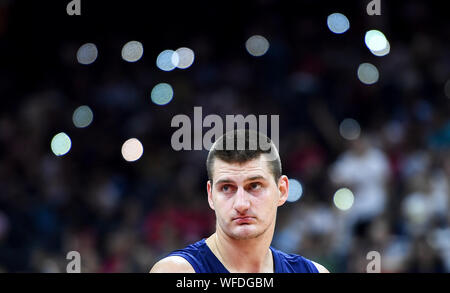 Foshan, China's Guangdong Province. 31st Aug, 2019. Nikola Jokic of Serbia reacts during the group D match between Angola and Serbia at the FIBA Basketball World Cup 2019 in Foshan, south China's Guangdong Province, on Aug. 31, 2019. Credit: Xue Yubin/Xinhua/Alamy Live News Stock Photo