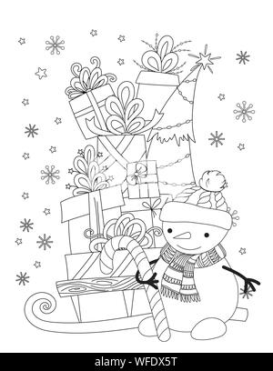 Christmas coloring page for kids and adults. Cute snowman with scarf and knitted cap. Pile of holiday presents on the sleigh. Hand drawn vector illustration. Stock Vector