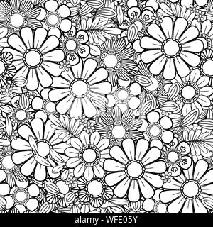 Hand drawn seamless pattern with leaves and flowers. Line art floral ornament. Black and white vector illustration. Perfect for wallpaper, adult coloring books, web page background, surface textures. Stock Vector