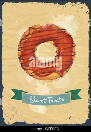 Retro style poster with chocolate glazed donut and ribbon banner. EPS10 vector format Stock Vector