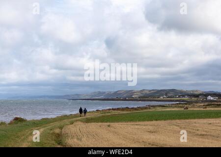 Ceredigion coastal path, near Llanon, Ceredigion, Wales, UK 31st August 2019 UK weather: People walking along the Ceredigion coastal path between Llanon and Aberaeron in mid Wales. As the weather stays windy but the early morning rain having now eased off: Credit: Ian Jones/Alamy Live News Stock Photo