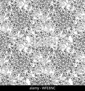 Floral seamless pattern in black and white. Adult coloring book page with flowers and mandalas. Hand drawn vector illustration. Doodles background Stock Vector