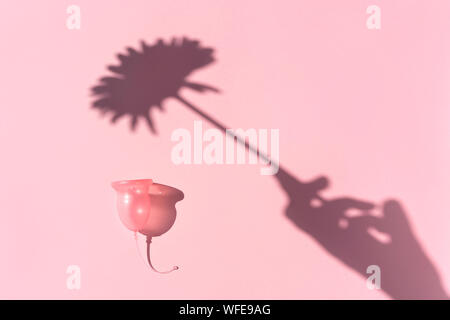 Pink menstrual cup and shadow of a female hand holding a flower Stock Photo