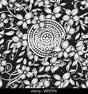Floral seamless pattern in black and white. Adult coloring book page with flowers and mandalas. Hand drawn vector illustration black background Stock Vector