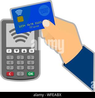 contactless credit card payment concept with hand holding card against POS payment terminal vector illustration Stock Vector