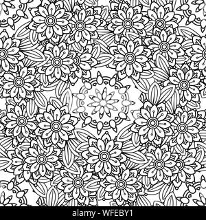 Hand drawn seamless pattern with leaves and flowers. Doodles floral ornament. Black and white decorative elements. Perfect for wallpaper, adult coloring books, web page background, surface textures. Stock Vector
