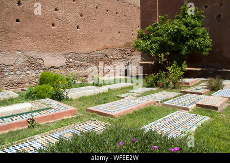 Marrakesh Morocco, graves in the courtyard of Saadian Tombs Stock Photo