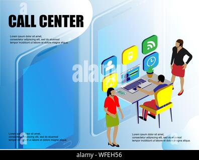 Call center. Flat illustration. Office business concept. 3d isometric vector. Communication, connection concept. Call icon symbol vector Stock Vector
