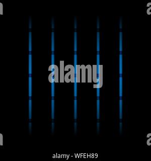3d blue fading neon light elements, vertical lines and dots on black background. Futuristic abstract pattern. Stock Vector