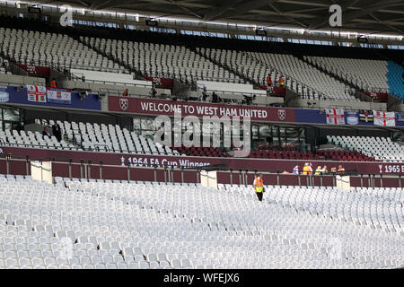 London, UK. 31st Aug, 2019. A general view of the ground during the Premier League match between West Ham United and Norwich City at London Stadium on August 31st 2019 in London, England. (Photo by Mick Kearns/phcimages.com) Credit: PHC Images/Alamy Live News Stock Photo