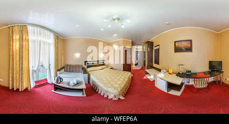 360 degree panoramic view of MINSK, BELARUS - AUGUST, 2017: Full spherical seamless hdr panorama 360 degrees angle view  in interior bedroom of modern flat apartments of hotel in
