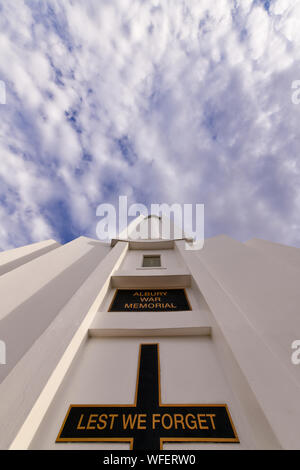 War Memorial, Albury New South Wales NSW, Australia - Lest We Forget with cloudy blue sky Stock Photo