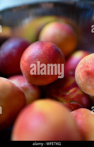 Yellow Nectarines in Bowl Close up Stock Photo