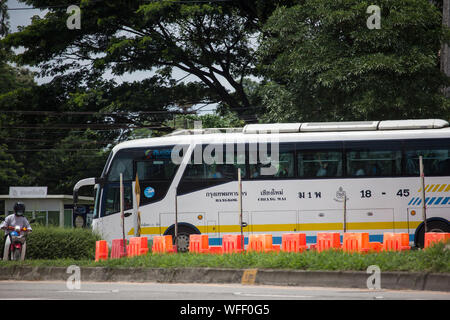 Chiangmai, Thailand - August 22 2019: Scania 15 Meter Bus of Sombattour company. Route Bangkok and Chiangmai. Photo at road no.121 Chiangmai, thailand Stock Photo