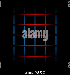 3d blue and red fading neon light elements, lines, dots, grid on black background. Futuristic abstract pattern. Stock Vector