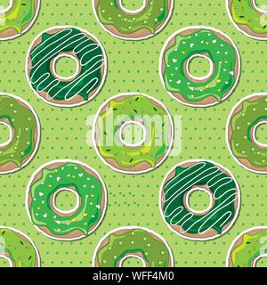 Green donuts, decorated for St Patrick's Day, over a green polka dot seamless background. EPS10 vector format Stock Vector