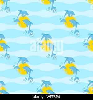 Leaping dolphins against the sun, in a seamless pattern against a wave background. EPS10 vector format Stock Vector