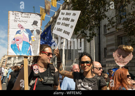 Westminster, London, UK. 31st Aug, 2019. Protest in Whitehall to stop Brexit. The Prime Minister has threatened the prorogation of parliament so he can deliver his Brexit agenda. Many see this as undermining democracy. Penelope Barritt/Alamy Live News Stock Photo