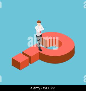 Flat 3d isometric businessman thinking while walking on question mark sign. Business problem concept. Stock Vector