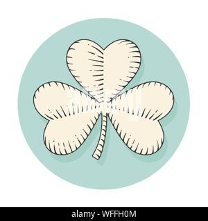 Icon clover for st. Patrick Day in engraving style. Symbol isolated on a turquoise circle background. Hand drawn design and element. Vector Stock Vector