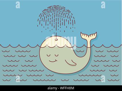 Postcard with cute careless whale baby swimming in the sea under rain making umbrella out of his fountain. Flat style design concept pastel colors Stock Vector