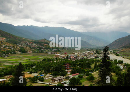 Panorama view to Paro valley and city , Bhutan Stock Photo