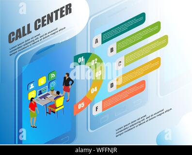 Call center. Flat illustration. Office business concept. 3d isometric vector. Communication, connection concept. Call icon symbol vector Stock Vector